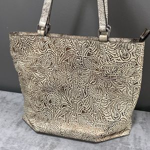 Patricia Nash Hand Tooled Leather White/Copper Floral Tote/Shoulder Bag Clean